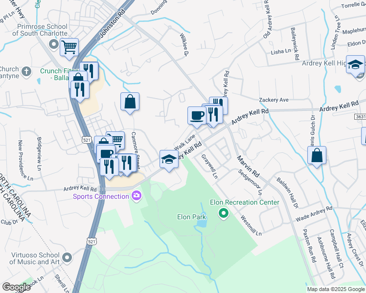 map of restaurants, bars, coffee shops, grocery stores, and more near 11225 Cedar Walk Lane in Charlotte