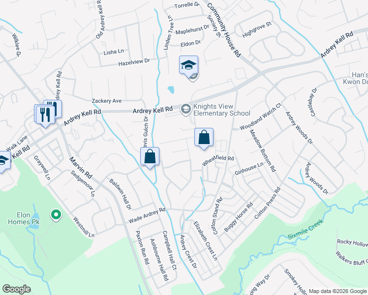 map of restaurants, bars, coffee shops, grocery stores, and more near 9408 Thatcher Hall Court in Charlotte