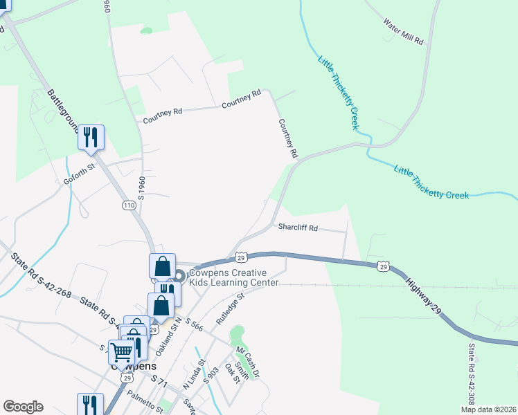 map of restaurants, bars, coffee shops, grocery stores, and more near 147 Kasler Road in Cowpens