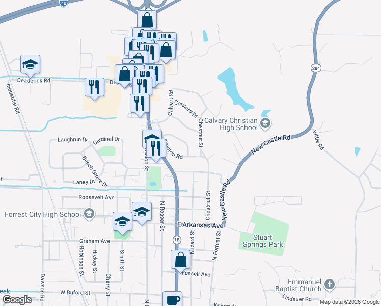 map of restaurants, bars, coffee shops, grocery stores, and more near 327 Lexington Drive in Forrest City