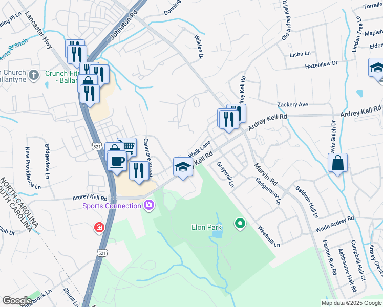 map of restaurants, bars, coffee shops, grocery stores, and more near 11240 Cedar Walk Lane in Charlotte