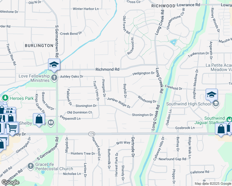 map of restaurants, bars, coffee shops, grocery stores, and more near 4519 Fairwind Cove in Memphis