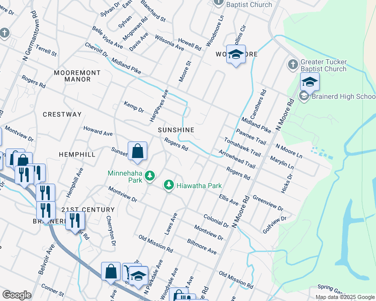 map of restaurants, bars, coffee shops, grocery stores, and more near 4512a Rogers Road in Chattanooga