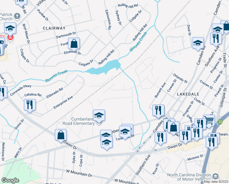 map of restaurants, bars, coffee shops, grocery stores, and more near 2245 Lakedale Drive in Fayetteville