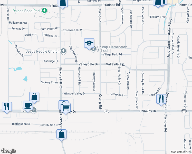 map of restaurants, bars, coffee shops, grocery stores, and more near 4524 Knotty Oaks Drive in Memphis