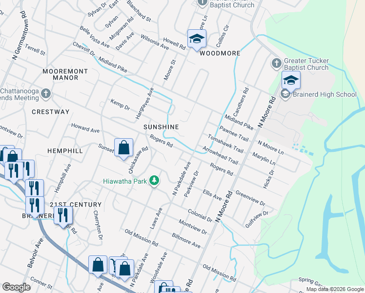 map of restaurants, bars, coffee shops, grocery stores, and more near 703 North Parkdale Avenue in Chattanooga