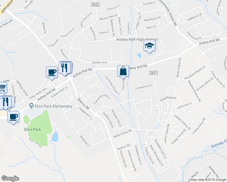 map of restaurants, bars, coffee shops, grocery stores, and more near 17216 Cambridge Woods Court in Charlotte