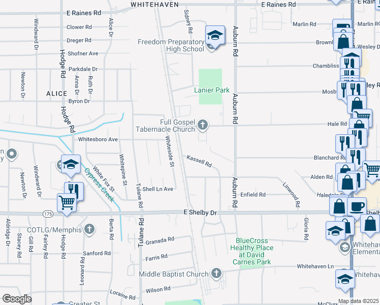 map of restaurants, bars, coffee shops, grocery stores, and more near 4532 Kassell Road in Memphis