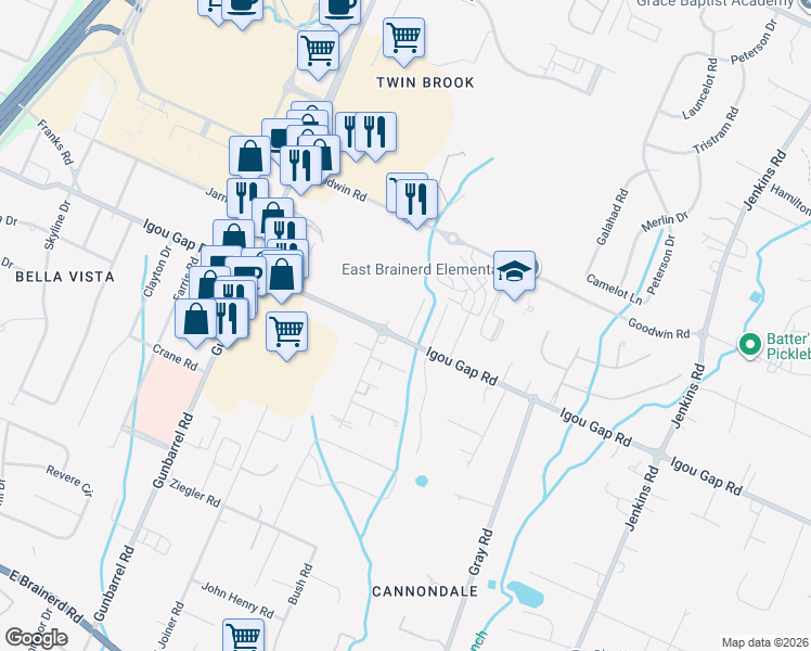 map of restaurants, bars, coffee shops, grocery stores, and more near 7504 Igou Gap Road in Chattanooga