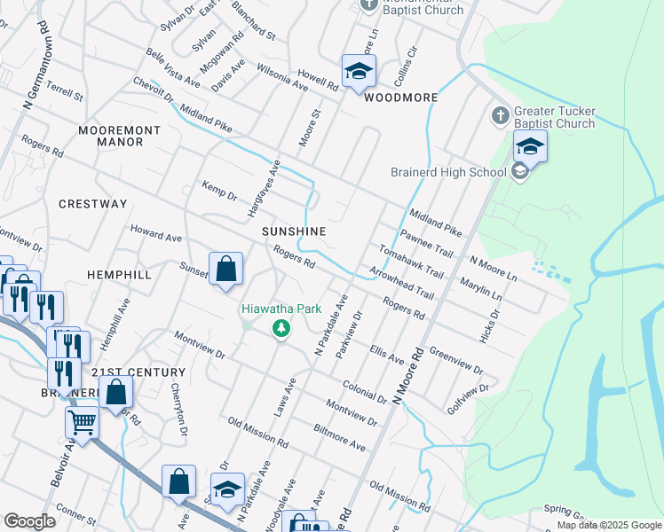 map of restaurants, bars, coffee shops, grocery stores, and more near 703 North Parkdale Avenue in Chattanooga