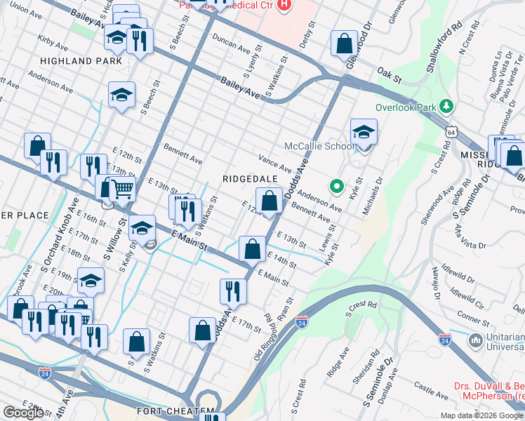 map of restaurants, bars, coffee shops, grocery stores, and more near 2501 East 12th Street in Chattanooga
