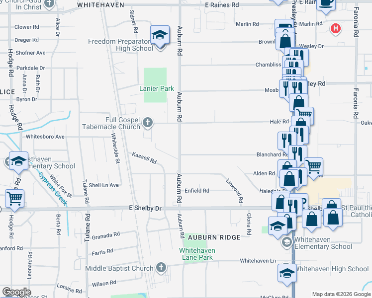 map of restaurants, bars, coffee shops, grocery stores, and more near 884 Blanchard Road in Memphis
