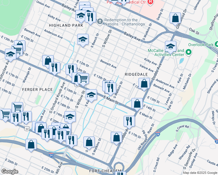 map of restaurants, bars, coffee shops, grocery stores, and more near 1308 South Lyerly Street in Chattanooga