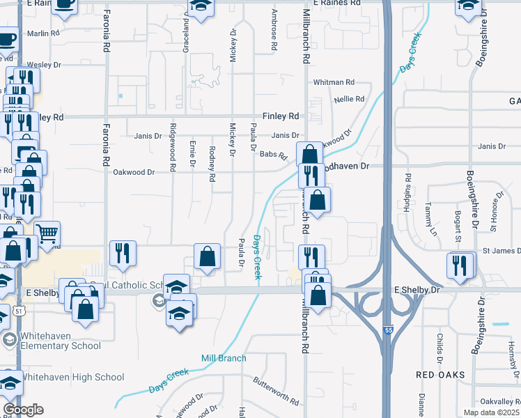 map of restaurants, bars, coffee shops, grocery stores, and more near 4526 Paula Drive in Memphis