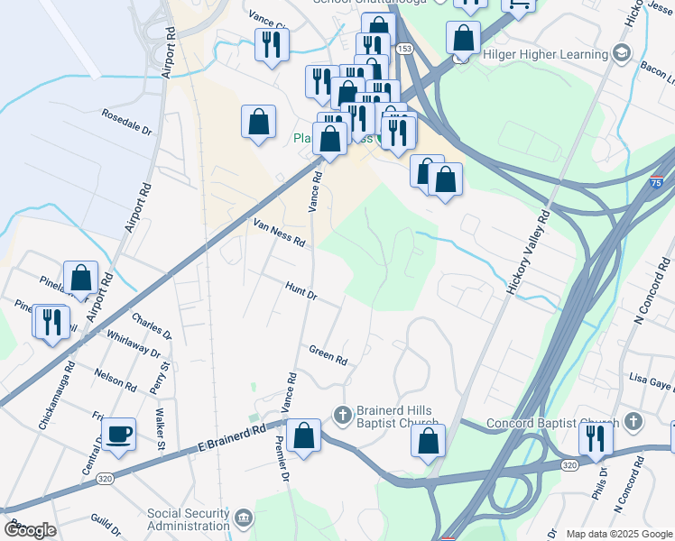 map of restaurants, bars, coffee shops, grocery stores, and more near 1438 Vance Road in Chattanooga