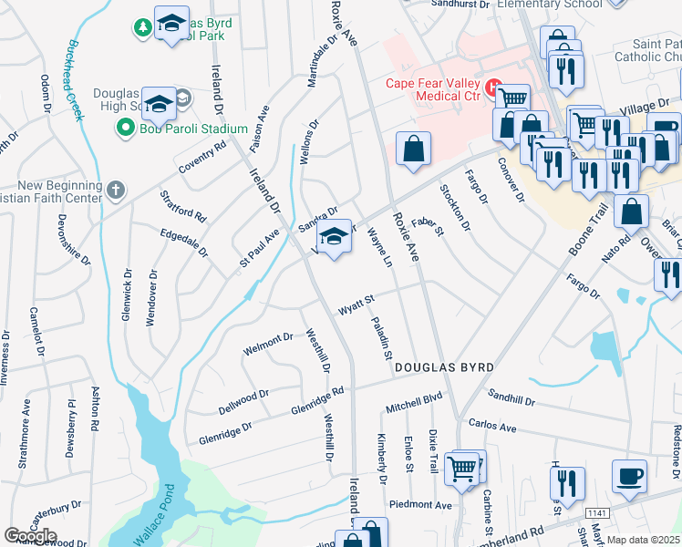 map of restaurants, bars, coffee shops, grocery stores, and more near 3809 Village Drive in Fayetteville