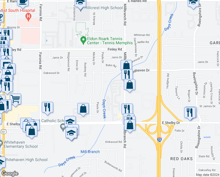 map of restaurants, bars, coffee shops, grocery stores, and more near 4537 Mill Stream Drive in Memphis