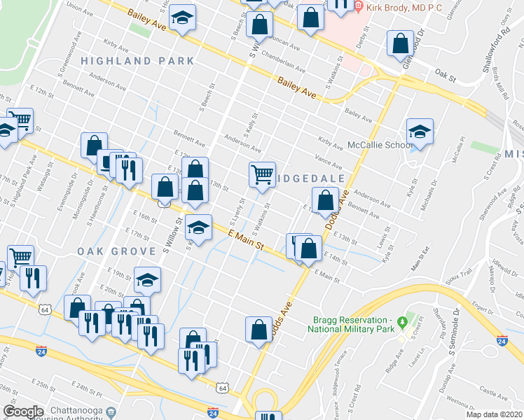 map of restaurants, bars, coffee shops, grocery stores, and more near 2314 East 13th Street in Chattanooga
