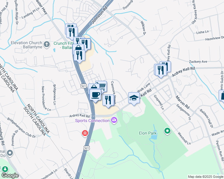map of restaurants, bars, coffee shops, grocery stores, and more near 15554 Canmore Street in Charlotte