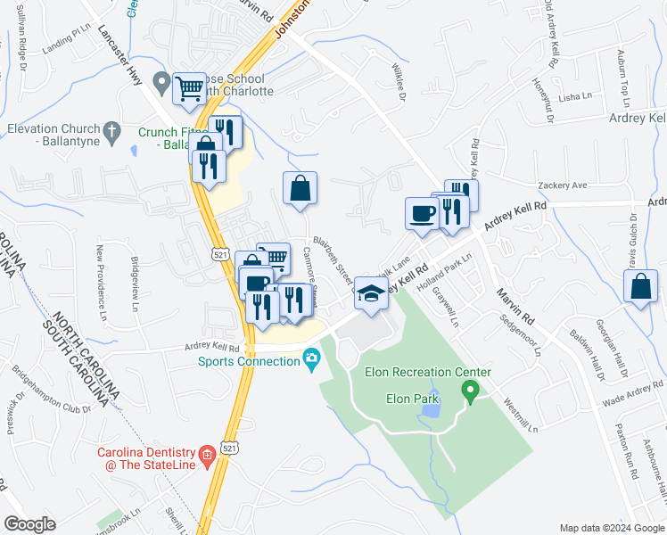 map of restaurants, bars, coffee shops, grocery stores, and more near 16862 Dunaverty Place in Charlotte