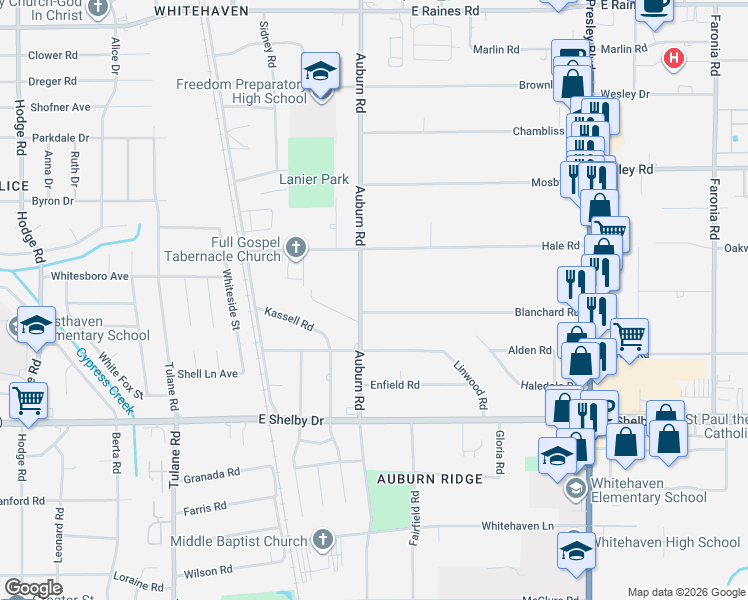 map of restaurants, bars, coffee shops, grocery stores, and more near 884 Blanchard Road in Memphis