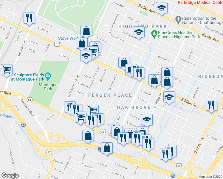 map of restaurants, bars, coffee shops, grocery stores, and more near 202 Eveningside Drive in Chattanooga