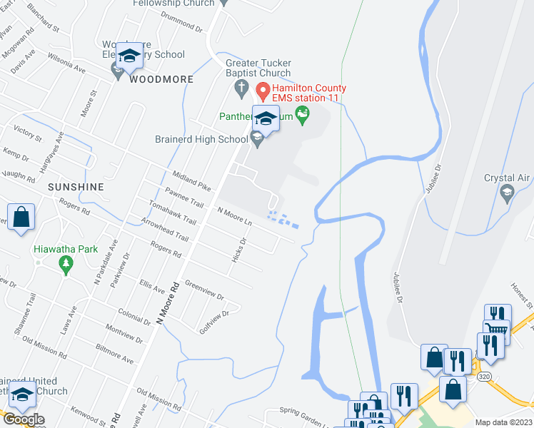 map of restaurants, bars, coffee shops, grocery stores, and more near 1010 North Moore Road in Chattanooga