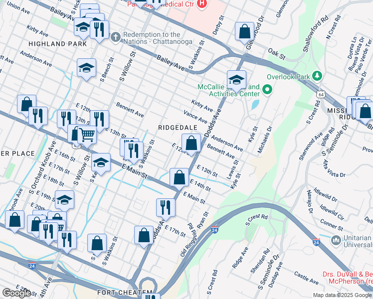 map of restaurants, bars, coffee shops, grocery stores, and more near 2501 East 12th Street in Chattanooga