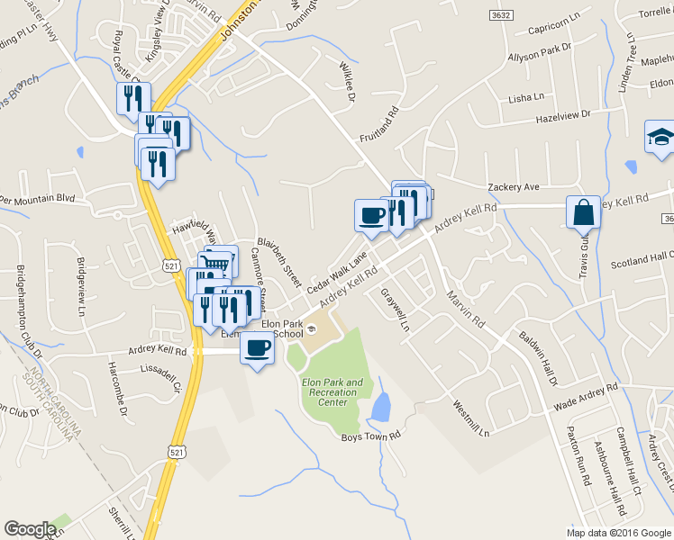 map of restaurants, bars, coffee shops, grocery stores, and more near 11228 Cedar Walk Lane in Charlotte