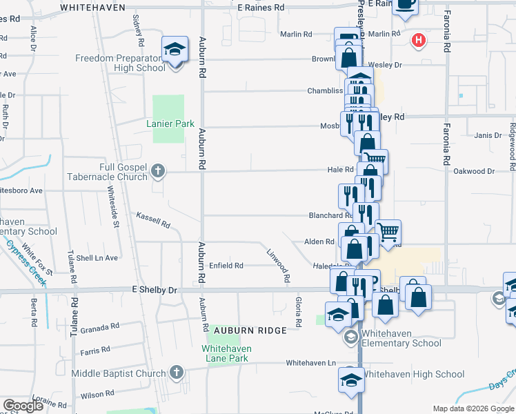 map of restaurants, bars, coffee shops, grocery stores, and more near 970 Blanchard Road in Memphis