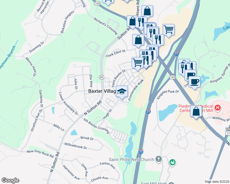 map of restaurants, bars, coffee shops, grocery stores, and more near 412 3rd Baxter Street in Fort Mill
