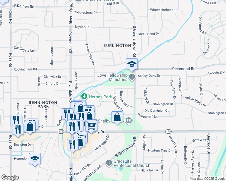 map of restaurants, bars, coffee shops, grocery stores, and more near 7112 Wetherburn Cove in Memphis