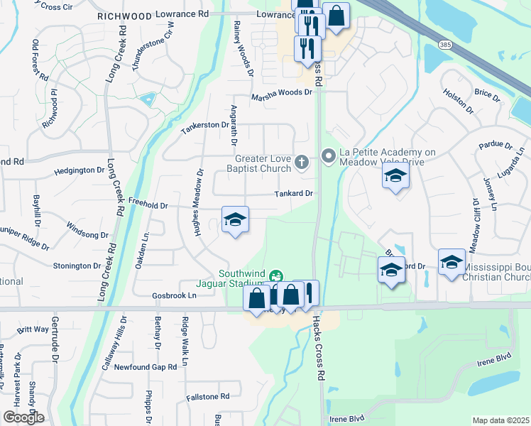 map of restaurants, bars, coffee shops, grocery stores, and more near 7935 Freehold Cove in Memphis