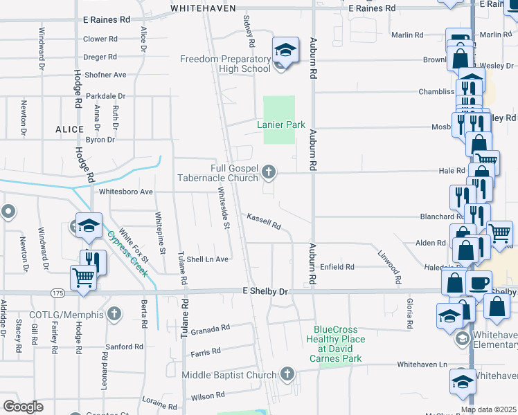 map of restaurants, bars, coffee shops, grocery stores, and more near 4532 Kassell Road in Memphis