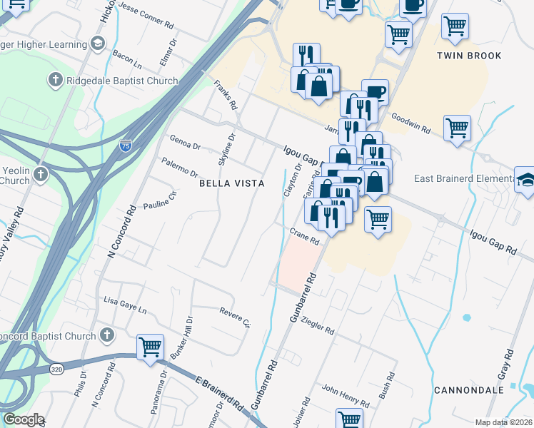 map of restaurants, bars, coffee shops, grocery stores, and more near 1811 Clayton Drive in Chattanooga