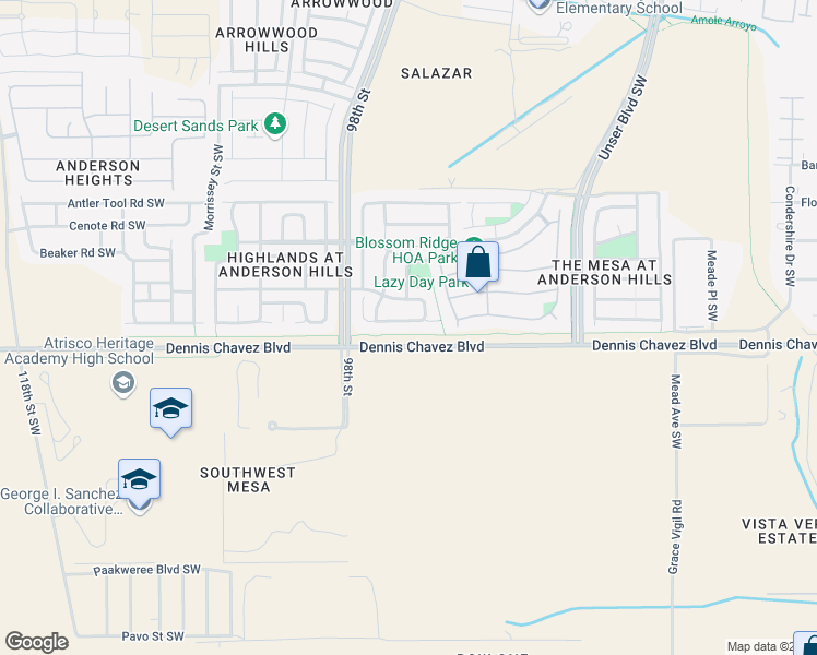 map of restaurants, bars, coffee shops, grocery stores, and more near 9316 Lower Meadow Avenue Southwest in Albuquerque