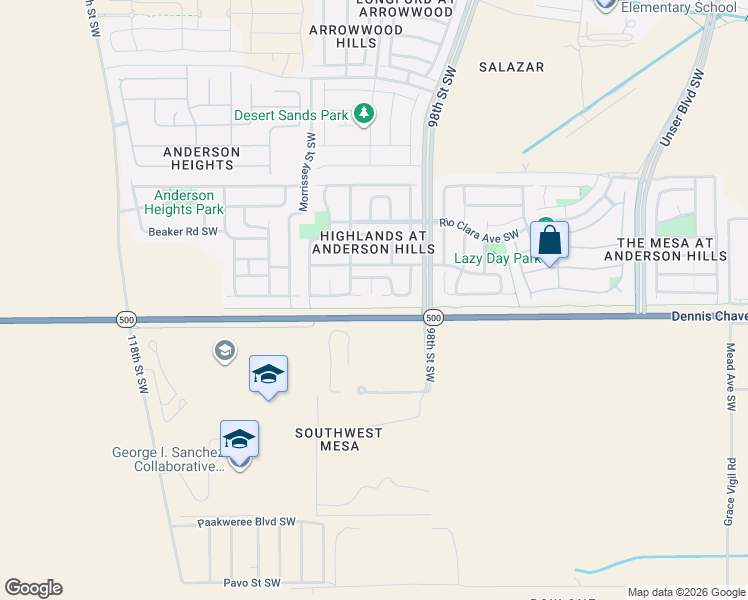 map of restaurants, bars, coffee shops, grocery stores, and more near 9930 Rio Canon Avenue Southwest in Albuquerque