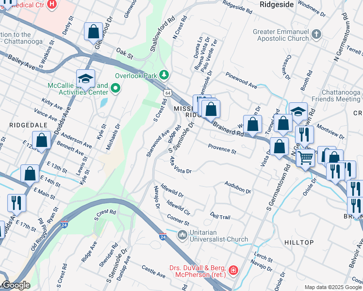 map of restaurants, bars, coffee shops, grocery stores, and more near 211 Elmwood Drive in Chattanooga