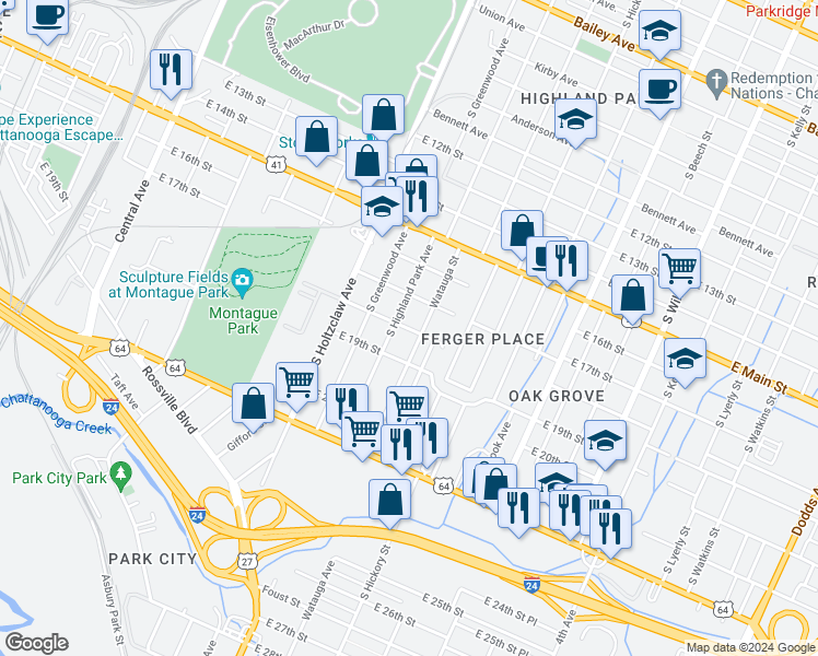 map of restaurants, bars, coffee shops, grocery stores, and more near 1508 East 18th Street in Chattanooga