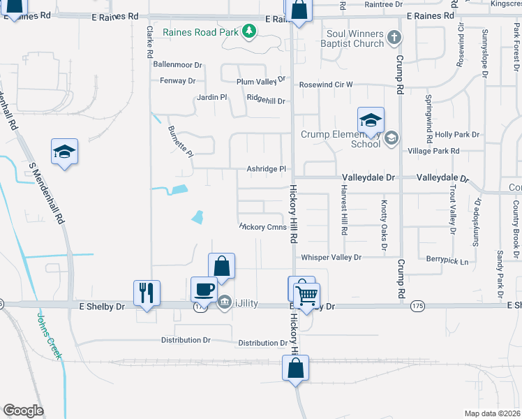 map of restaurants, bars, coffee shops, grocery stores, and more near 5865 Hickory Nutt Lane in Memphis