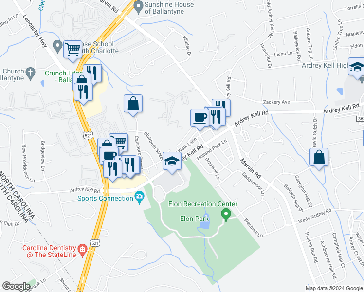 map of restaurants, bars, coffee shops, grocery stores, and more near 11224 Cedar Walk Lane in Charlotte