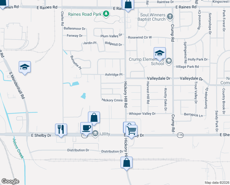 map of restaurants, bars, coffee shops, grocery stores, and more near 5865 Hickory Nutt Lane in Memphis