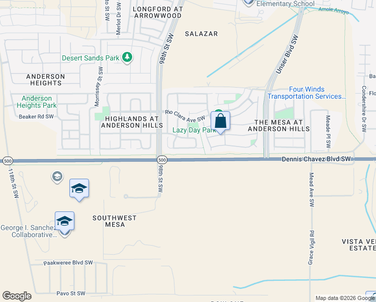 map of restaurants, bars, coffee shops, grocery stores, and more near 9316 Lower Meadow Avenue Southwest in Albuquerque