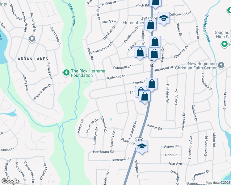 map of restaurants, bars, coffee shops, grocery stores, and more near 5409 South Sumac Circle in Fayetteville