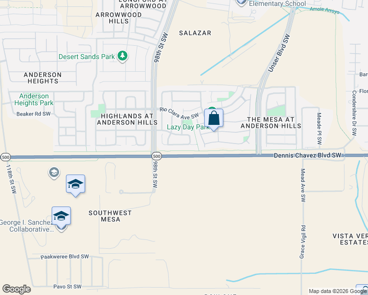map of restaurants, bars, coffee shops, grocery stores, and more near 9204 Lower Meadow Avenue Southwest in Albuquerque