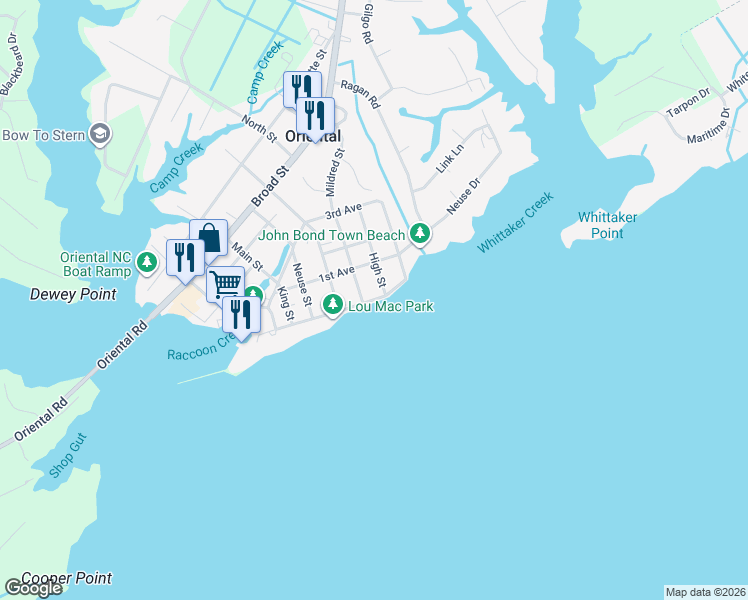 map of restaurants, bars, coffee shops, grocery stores, and more near 803 South Avenue in Oriental