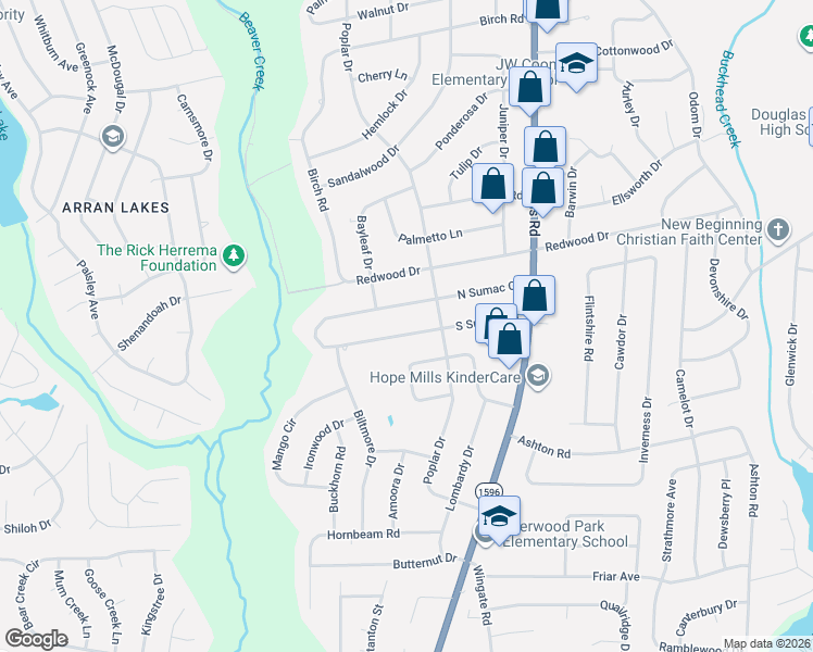 map of restaurants, bars, coffee shops, grocery stores, and more near 5409 South Sumac Circle in Fayetteville