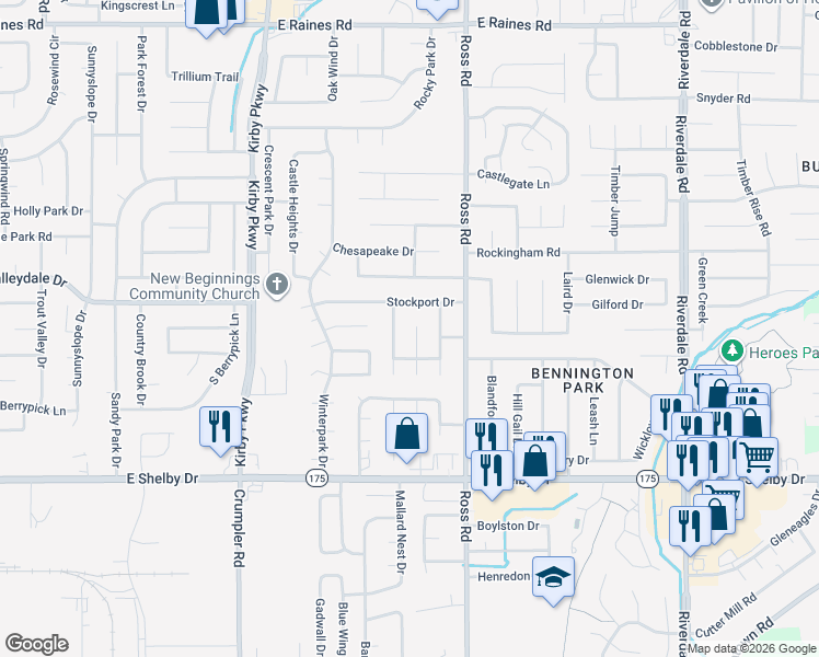 map of restaurants, bars, coffee shops, grocery stores, and more near 4522 Misty Moor Lane in Memphis