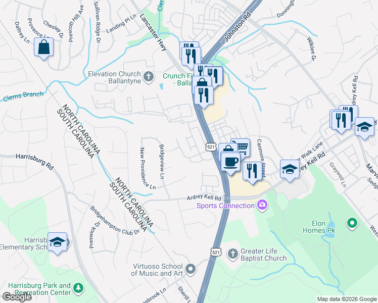 map of restaurants, bars, coffee shops, grocery stores, and more near 16350 Magnolia Woods Lane in Charlotte