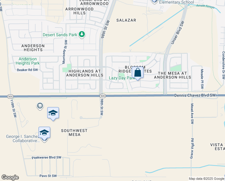 map of restaurants, bars, coffee shops, grocery stores, and more near 9316 Lower Meadow Avenue Southwest in Albuquerque